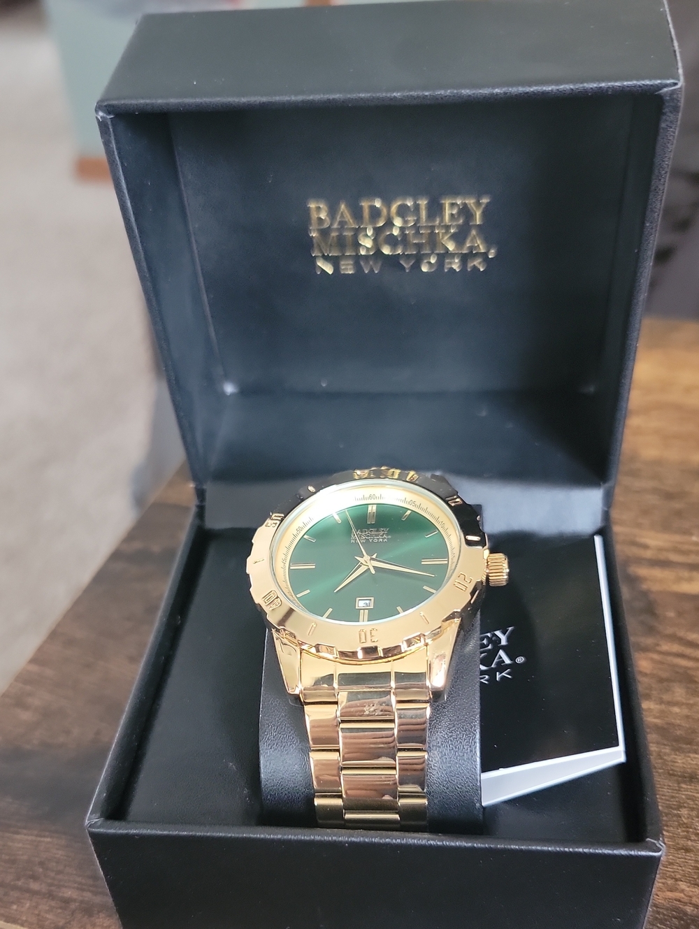 Badgley Mischka Gold Tone Watch with Green Dial